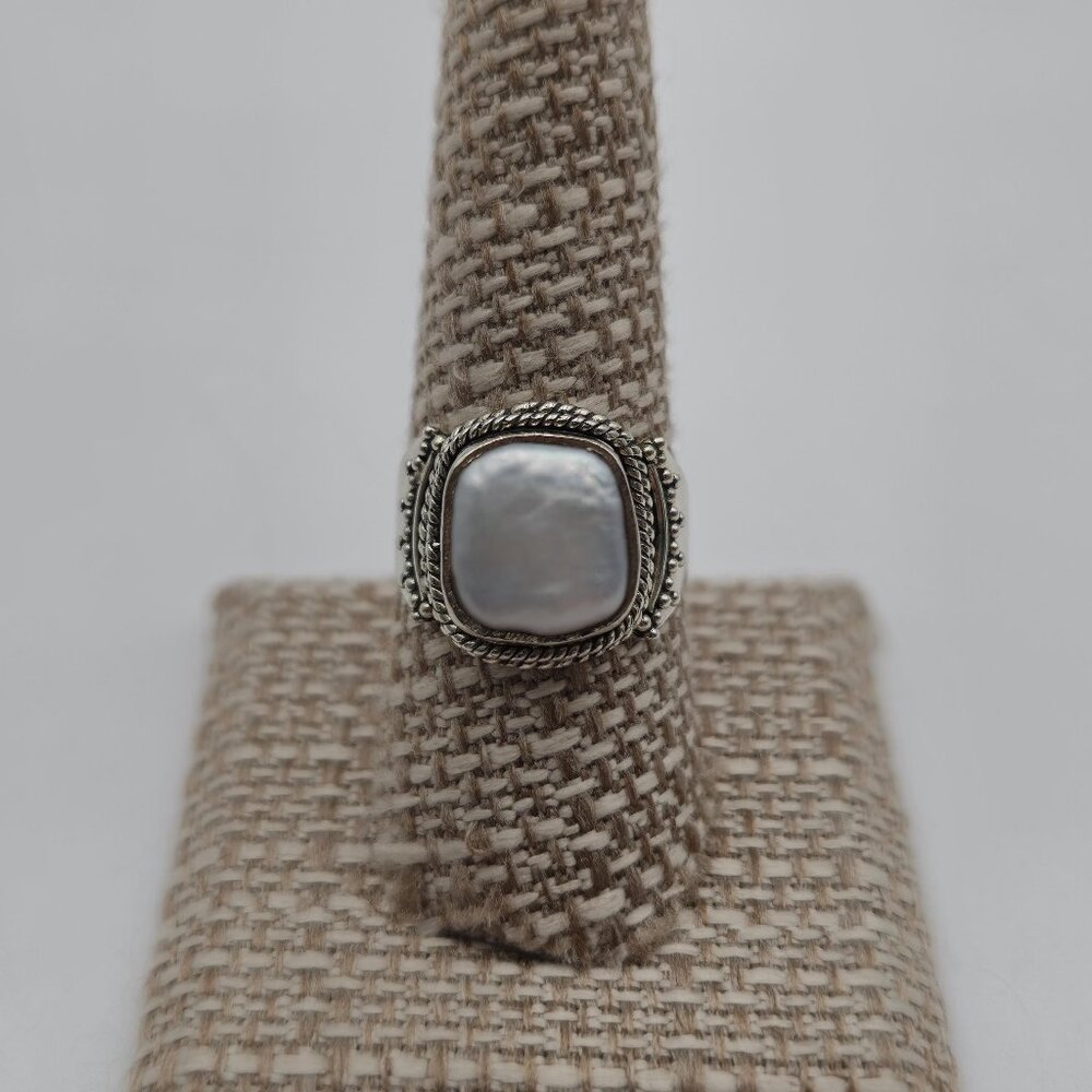 Size 9 Sterling Silver Beautiful Large Pearl Fancy Band Ring A3161